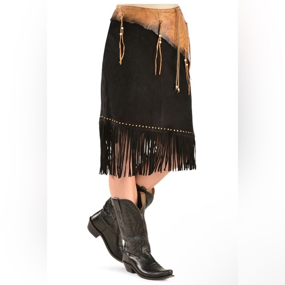 KOBLER LEATHER WOMEN'S LEATHER & FRINGE SIOUX SUEDE SKIRT Size M EUC - Picture 1 of 8